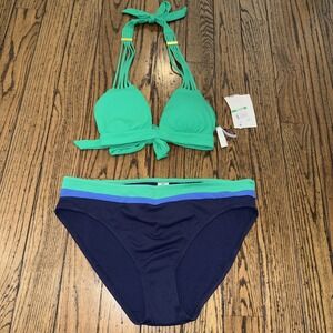 Tommy Bahama And Becca Women's Bikini Blue Green Textured Large Halter Hipster